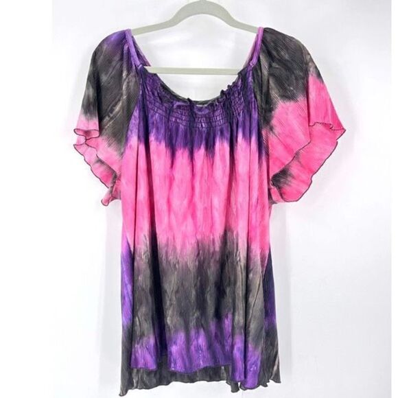 Essentials Women’s Y2K Color Block‎ Crinkle Blouse Purple Pink black flowy 1X - Picture 1 of 9